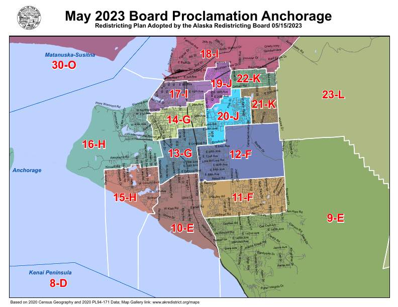 Image of the House and Senate districts located in the Anchorage region. The districts are distinguished by different colored sections. The Seal of the State of Alaska is affixed to the top left of the image and followed by the title "May 2023 Board Proclamation Anchorage, Redistricting Plan Adopted by the Alaska Redistricting Board 05/15/2023."
