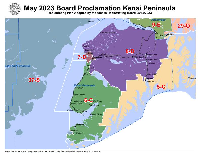 Image of the House and Senate districts located in the Kenai region. The districts are distinguished by different colored sections. The Seal of the State of Alaska is affixed to the top left of the image and followed by the title "May 2023 Board Proclamation Kenai, Redistricting Plan Adopted by the Alaska Redistricting Board 05/15/2023."