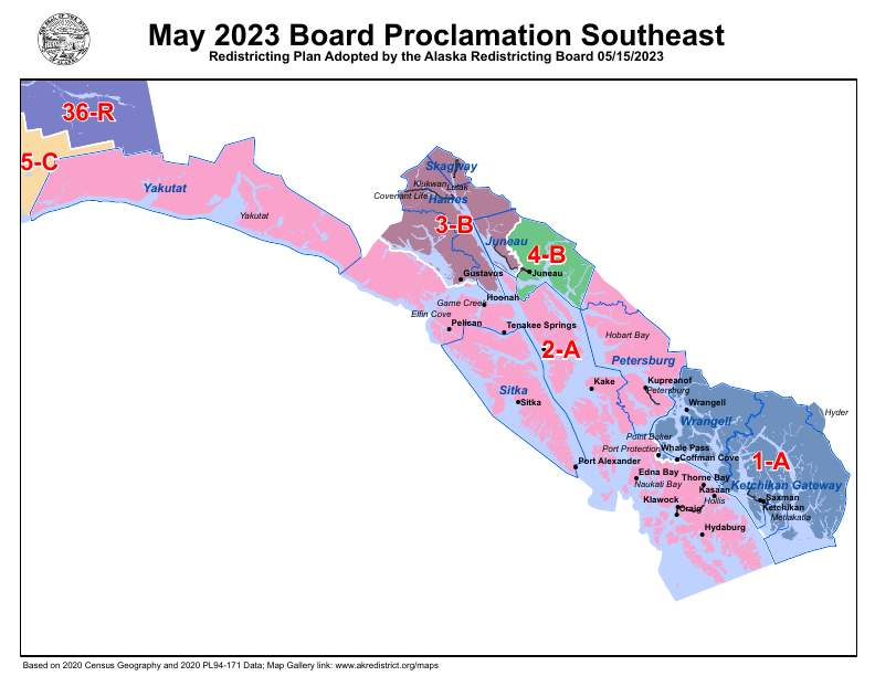 Image of the House and Senate districts located in the Southeast region. The districts are distinguished by different colored sections. The Seal of the State of Alaska is affixed to the top left of the image and followed by the title "May 2023 Board Proclamation Southeast, Redistricting Plan Adopted by the Alaska Redistricting Board 05/15/2023."