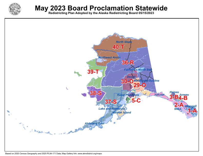 Image of the state of Alaska again a white background. The state depicts some of the larger Senate and House district numbers, distinguished by different colored sections. The Seal of the State of Alaska is affixed to the top left of the image and followed by the title "May 2023 Board Proclamation Statewide, Redistricting Plan Adopted by the Alaska Redistricting Board 05/15/2023."
